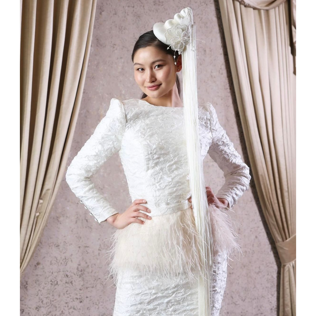 feather peplum dress Simple Satin short Wedding Dress with Feather Peplum Belt. recepton gown JOLIE