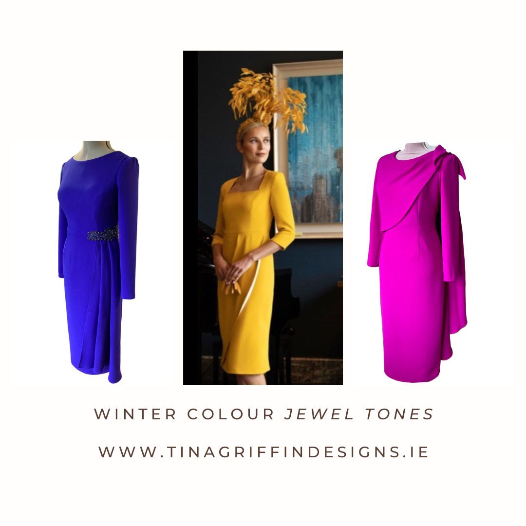 This fitted dress in high quality crepe has a flattering drape on the skirt across the tummy. The dress has three quarter sleeves and is fully lined in satin with a back zip.