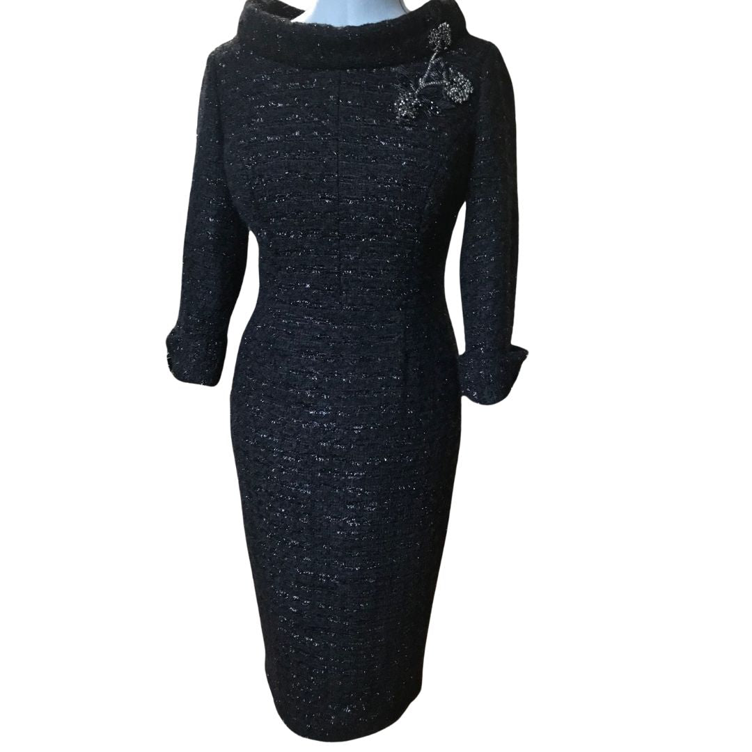 Black shimmer Bouclé tweed tailored dress has a Bracelet length sleeve with a cuff detail and a high collar.