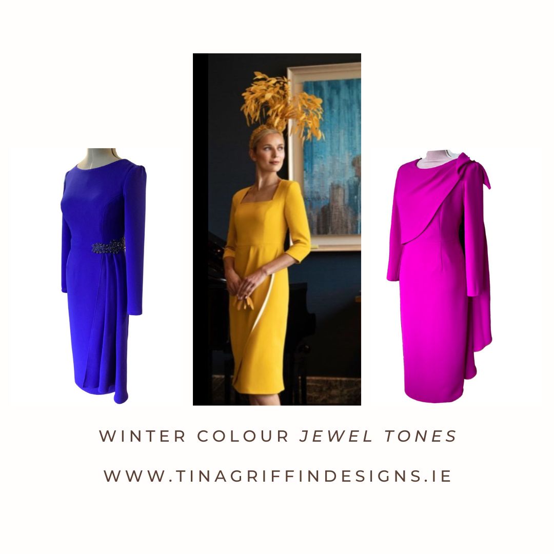 This fitted dress in high quality crepe has a flattering drape on the skirt across the tummy. The dress has three quarter sleeves and is fully lined in satin with a back zip. 