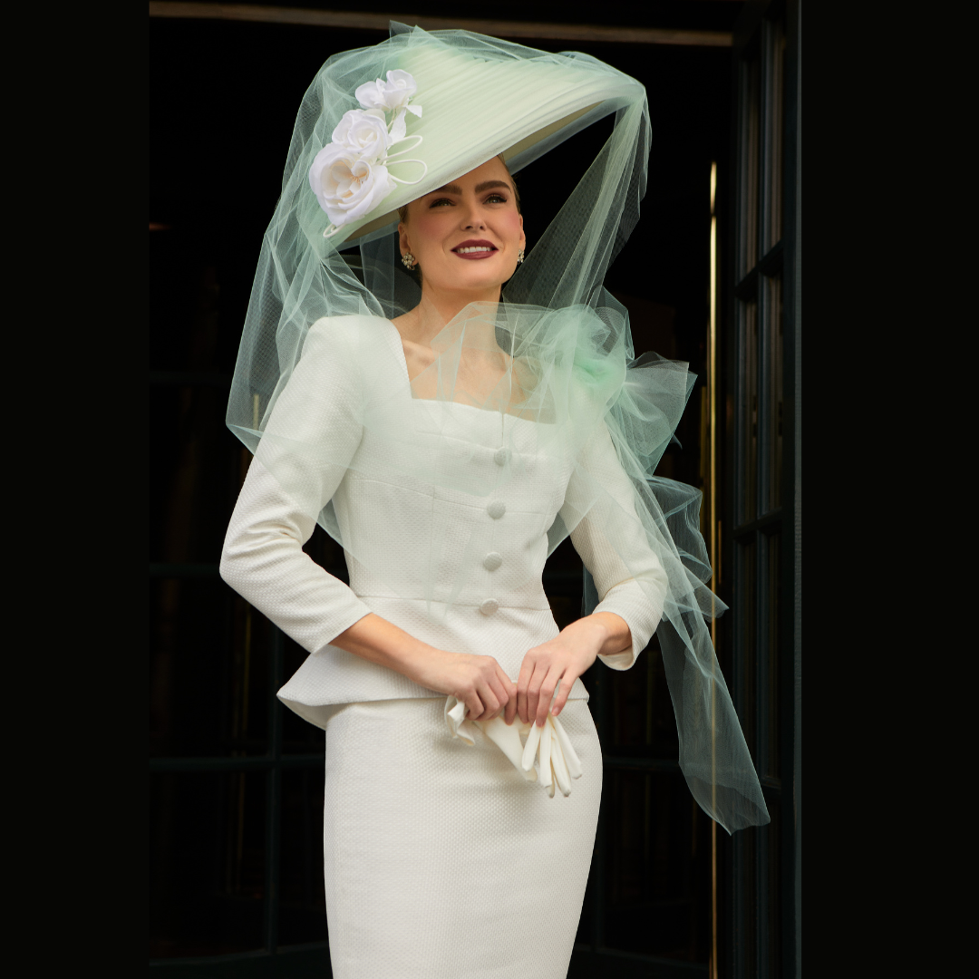 Carmen Ivory Suit. This two piece radiates understated elegance with clean lines and subtle details that create a timeless, classic design inspired by Vintage fashion. Perect for a wedding or Special Occasion.